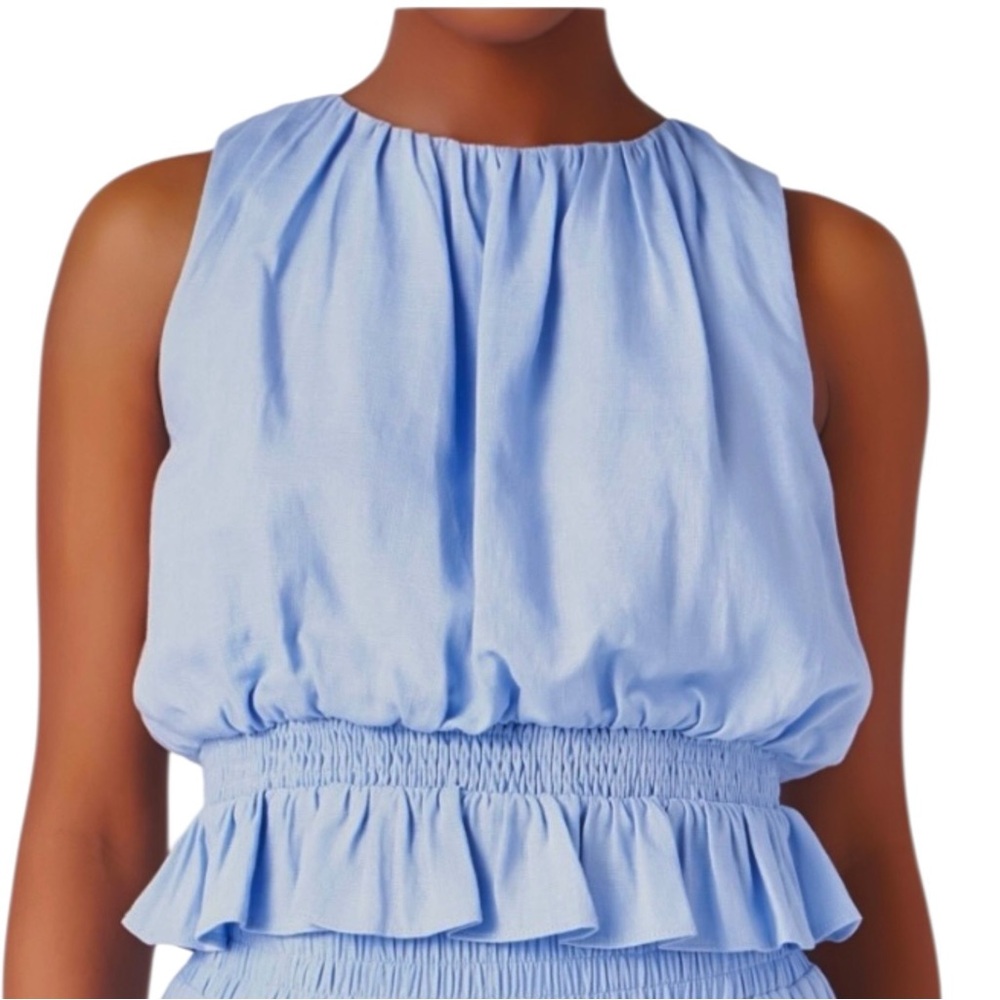 Endless Rose Light Blue Sleeveless Ruffled Blouse Gathered Waist Peplum Top L